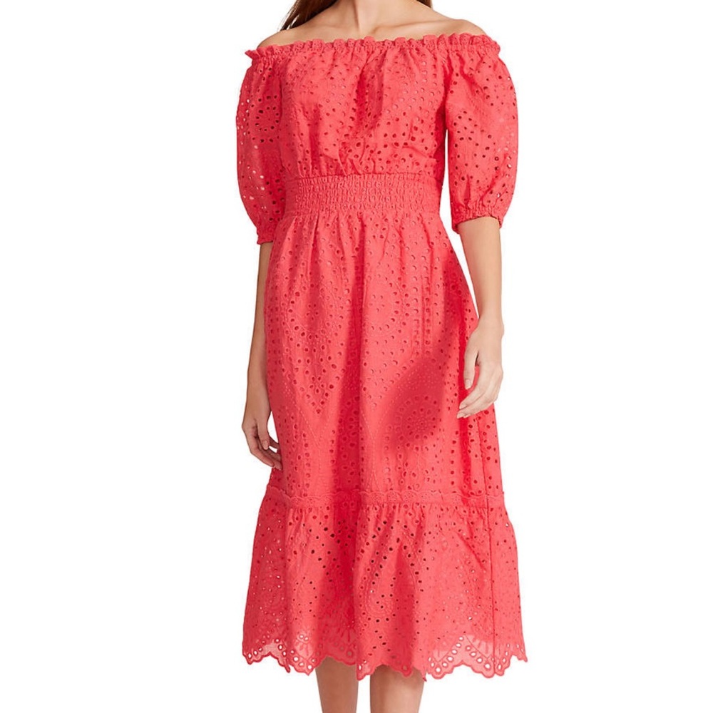 Betsy Johnson off shoulder puff sleeves eyelet midi dress